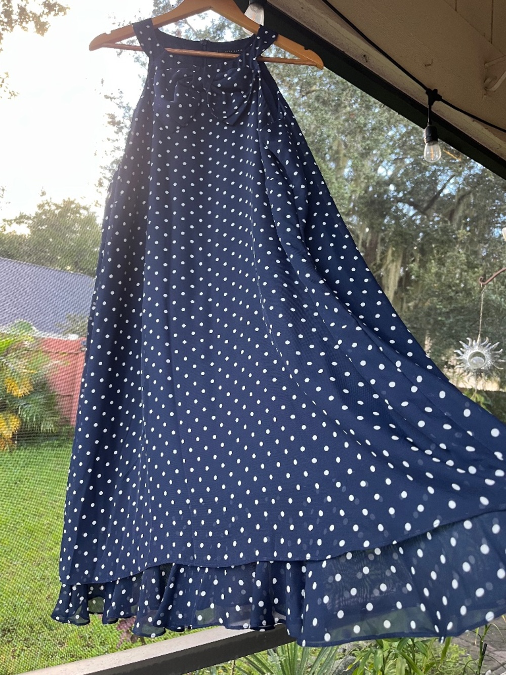 Alex Marie navy blue polka dot sleeveless dress with a front bow accent sz 20W